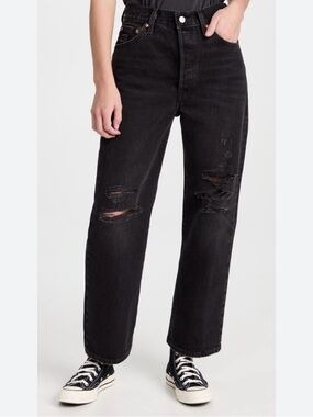 Levi’s Ribcage Straight Ankle Jeans Black Distressed High Rise Size 27